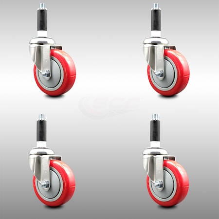 Service Caster 4 Inch 316SS Red Polyurethane Swivel 3/4 Inch Expanding Stem Caster Set SCC SCC-SS316EX20S414-PPUB-RED-34-4